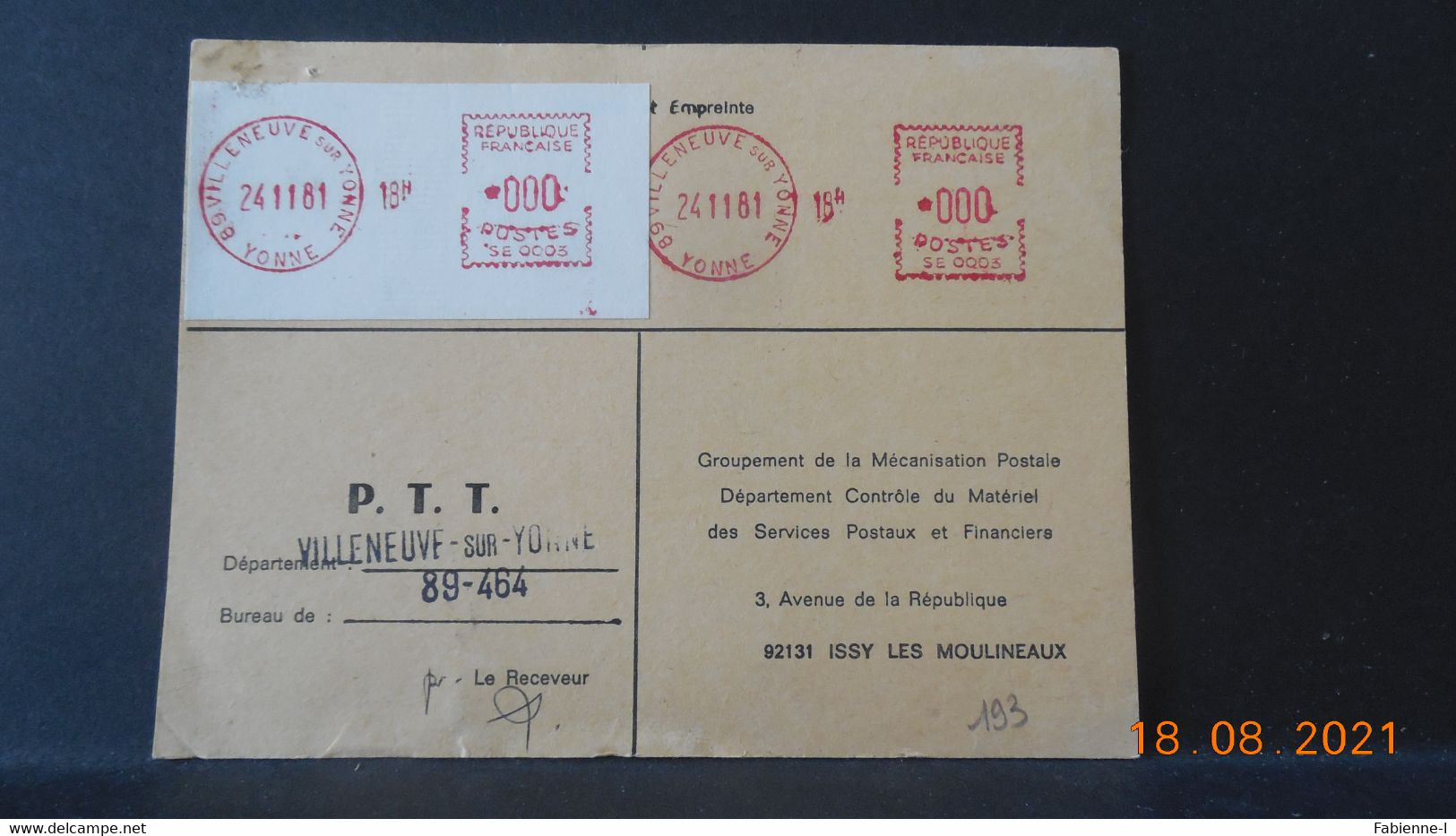 Carte De Contrôle Des Machines SATAS De Villeneuve Sur Yonne De 1981 - Cartas & Documentos