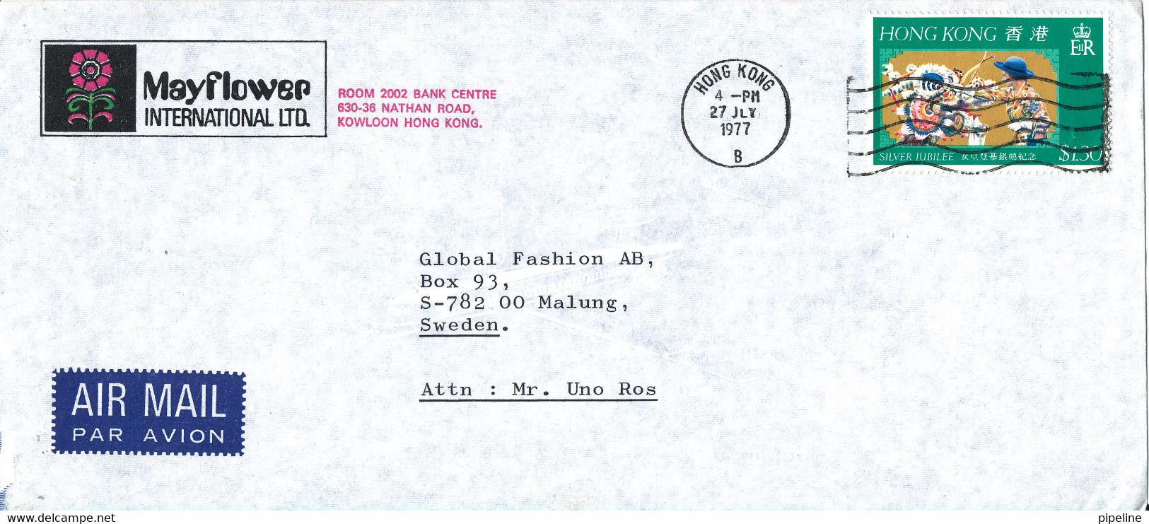 Hong Kong Air Mail Cover Sent To Sweden 27-7-1977 Single Franked - Briefe U. Dokumente