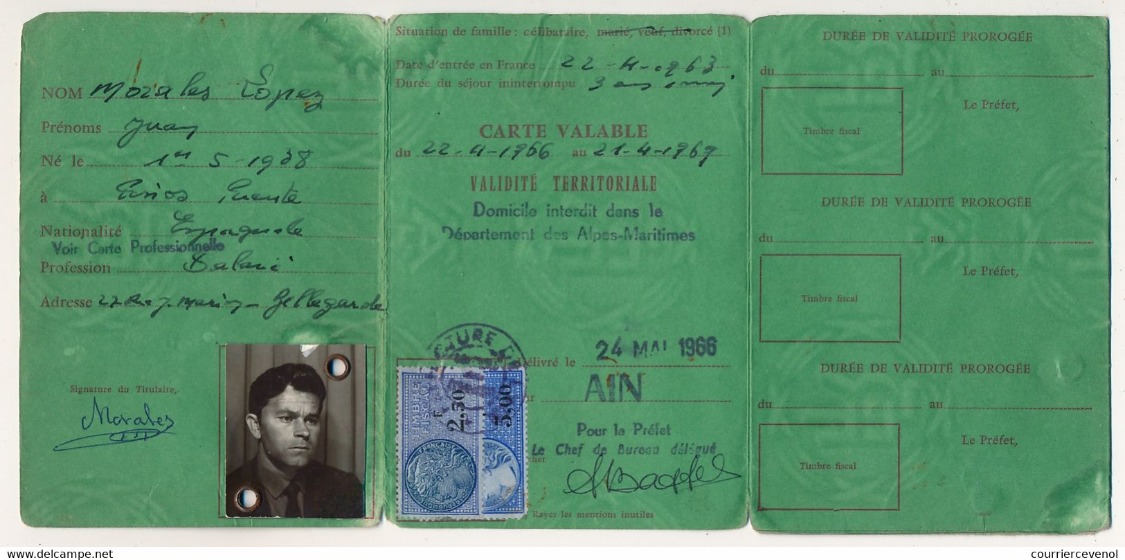 Carte De Séjour De Résident Ordinaire - Aff Fiscaux Type Daussy 2,50 Et 3,00F - 1966 - 5 Volets - Autres & Non Classés