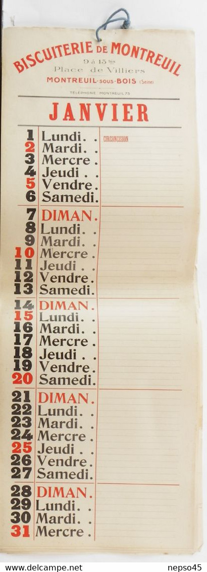 Calendrier Publicitaire.biscuiterie De Montreuil-s-Bois. 9 à 13 Bis Place De Villiers.Téléphone Montreuil 75.Seine. - Grand Format : 1901-20