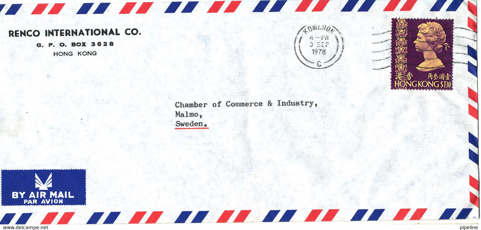 Hong Kong Air Mail Cover Sent To Sweden 3-9-1978 - Briefe U. Dokumente