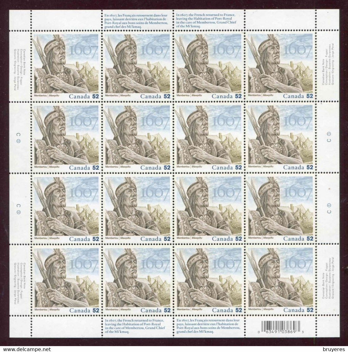 FEUILLET** De 2007 Du CANADA De 16 Timbres Gommés "HENRI MEMBERTOU Grand Chef Des MI'KMAQ - Hojas Completas