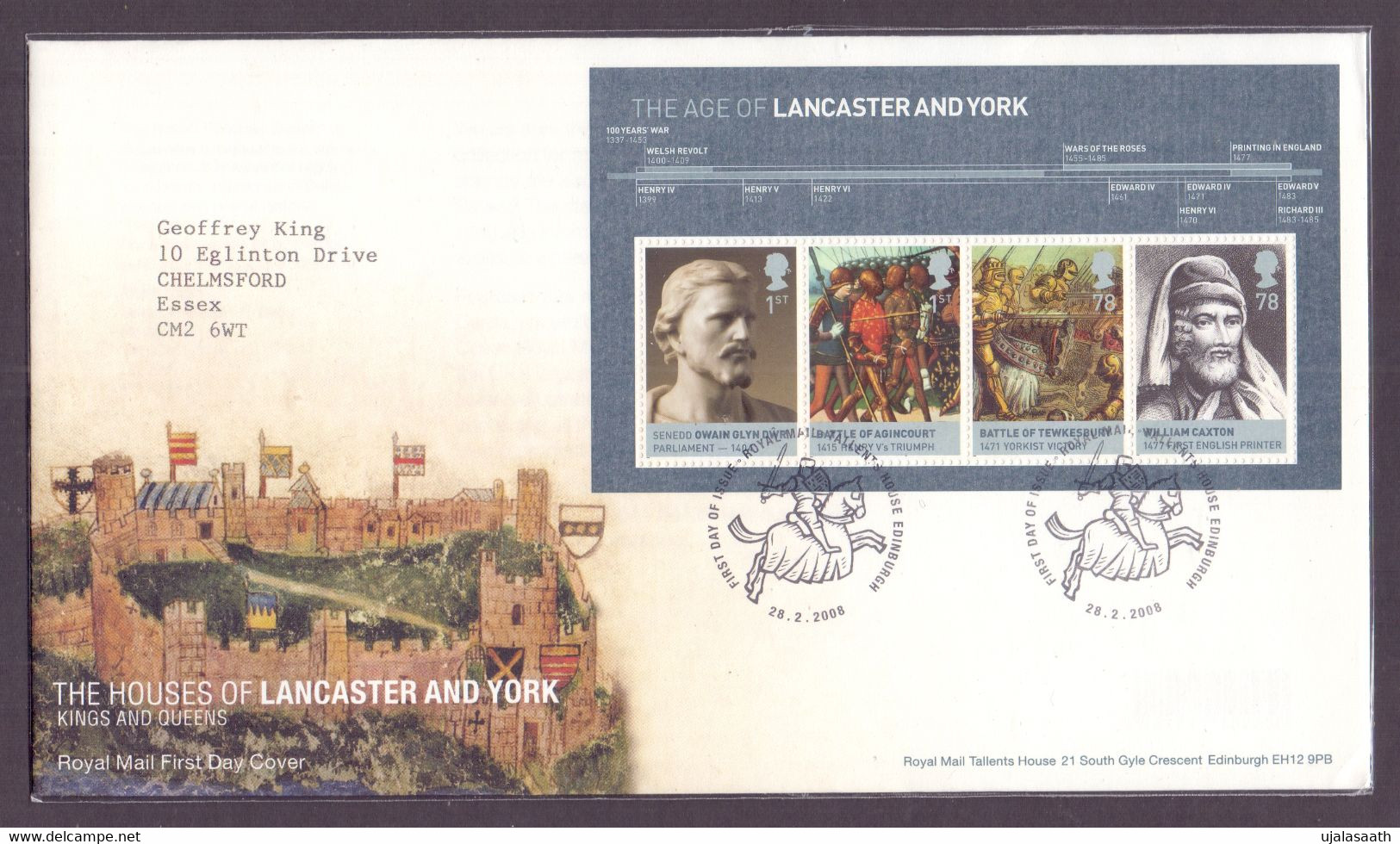 2008, Great Britain, British Royalty And History, Lancaster And York, MS With 4 Stamps On A FDC -Horse Cancellation-used - 2001-2010 Em. Décimales