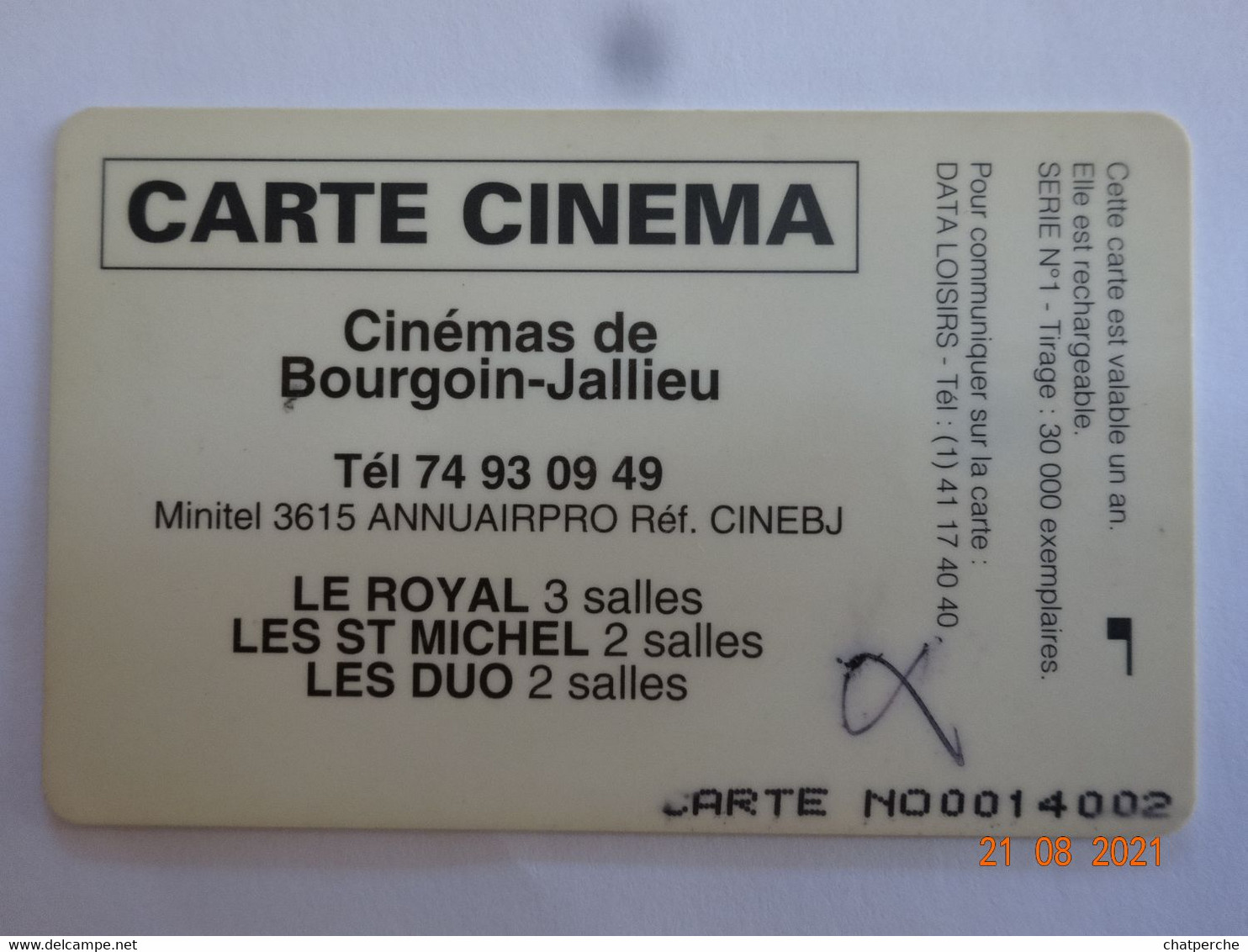 CINECARTE CARTE A PUCE CARD CHIP CARTE CINÉMA VERSO BOURGOIN-JAILLEU 38 ISÈRE - Kinokarten