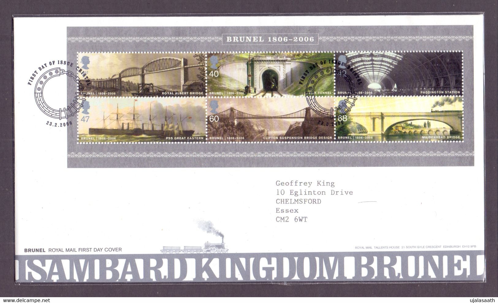 2006, Great Britain, Lsambard Kingdom, Brunel (1806-1859), Engineer, MS With 6 Stamps On A FDC-Rail Road Cancellation. - 2001-2010 Em. Décimales