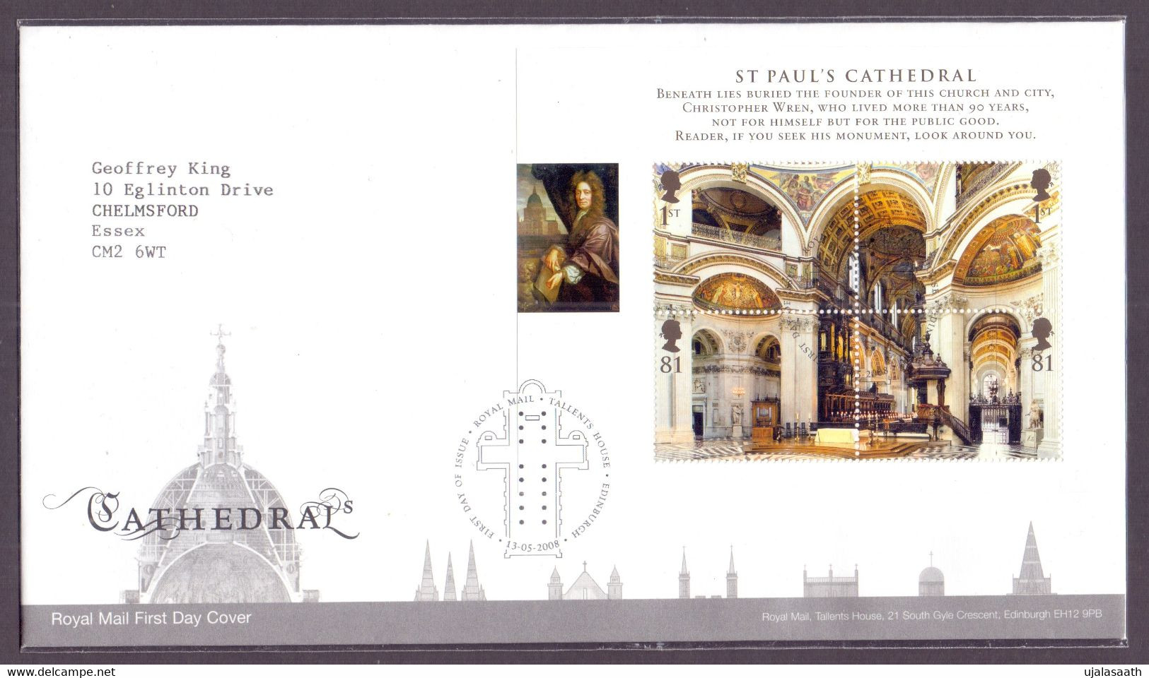 2008, Great Britain, Cathedrals, St. Paul's Cathedral, MS With 4 Stamps On A FDC With A Church Plan Cancellation - 2001-2010 Em. Décimales