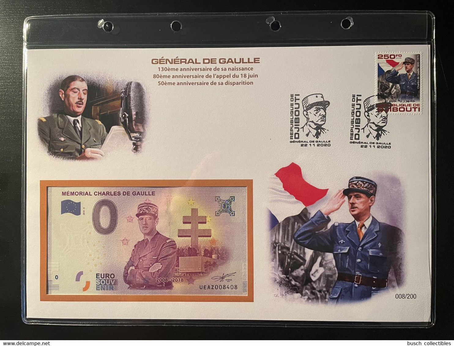 Euro Souvenir Banknote Cover Général Charles De Gaulle Appel 18 Juin 130ème 80ème 50ème Annivers Djibouti Banknotenbrief - De Gaulle (Generaal)