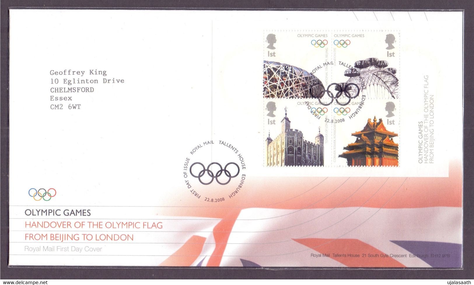 2008, Great Britain, Olympic Games, Beijing And London, MS With 4 Stamps On A FDC With A Olympic Logo Cancellation. - 2001-2010 Em. Décimales