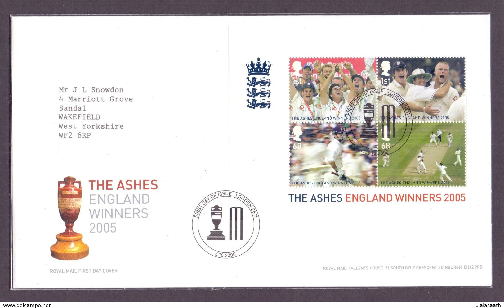 2005, Great Britain, The Ashes England Winners 2005, MS With 4 Stamps On A FDC With A Stumps And Ashes Cup Cancellation - 2001-2010 Em. Décimales