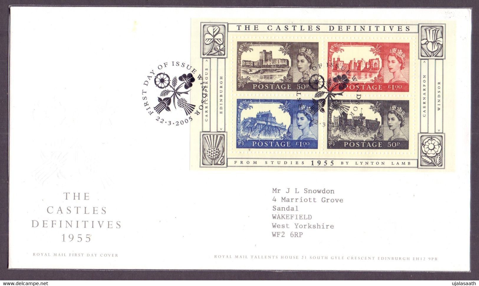 2005, Great Britain, 50th Anniversary Of Castles Type Of 1955, MS With 4 Stamps On A FDC With A Floral Cancellation - 2001-2010 Decimal Issues