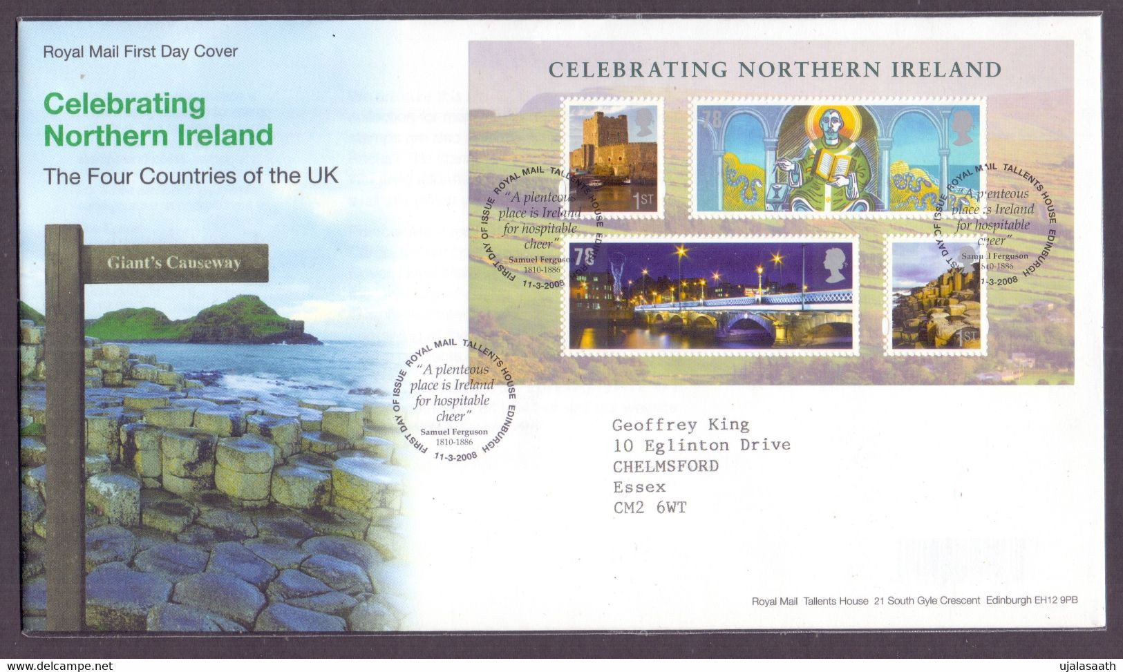 2008, Great Britain, Heritage Of Northern Ireland, MS With 4 Stamps On A FDC With A Text Cancellation - 2001-2010 Decimal Issues