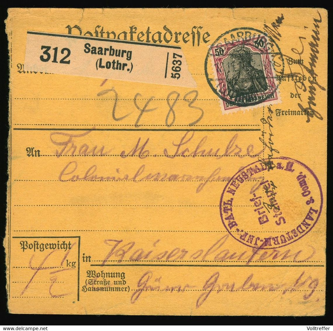 Paketkarte 1915 ?  EF Mi Nr. 21 ? Aus Saarburg Lothringen Nach Kaiserslautern, SST Landsturm Inf. Batl. Neustadt - Brieven En Documenten