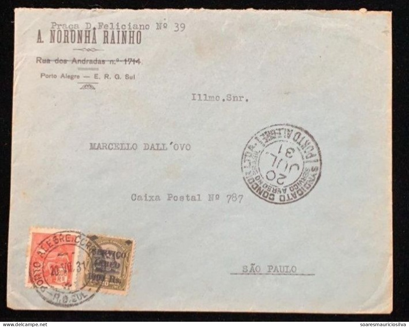 Brazil 1931 A. Noronha Rain Cover From Porto Alegre To São Paulo Stamp 200 Réis + Airmail 1$ Cancel Syndicate Condor - Luftpost (private Gesellschaften)