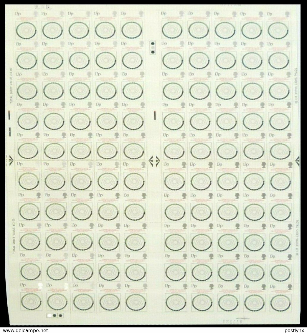 CV:€60.00 Great Britain 1977 Commonwealth 13p COMPLETE SHEET (100 Stamps) Our Choice Cyl. - Sheets, Plate Blocks & Multiples