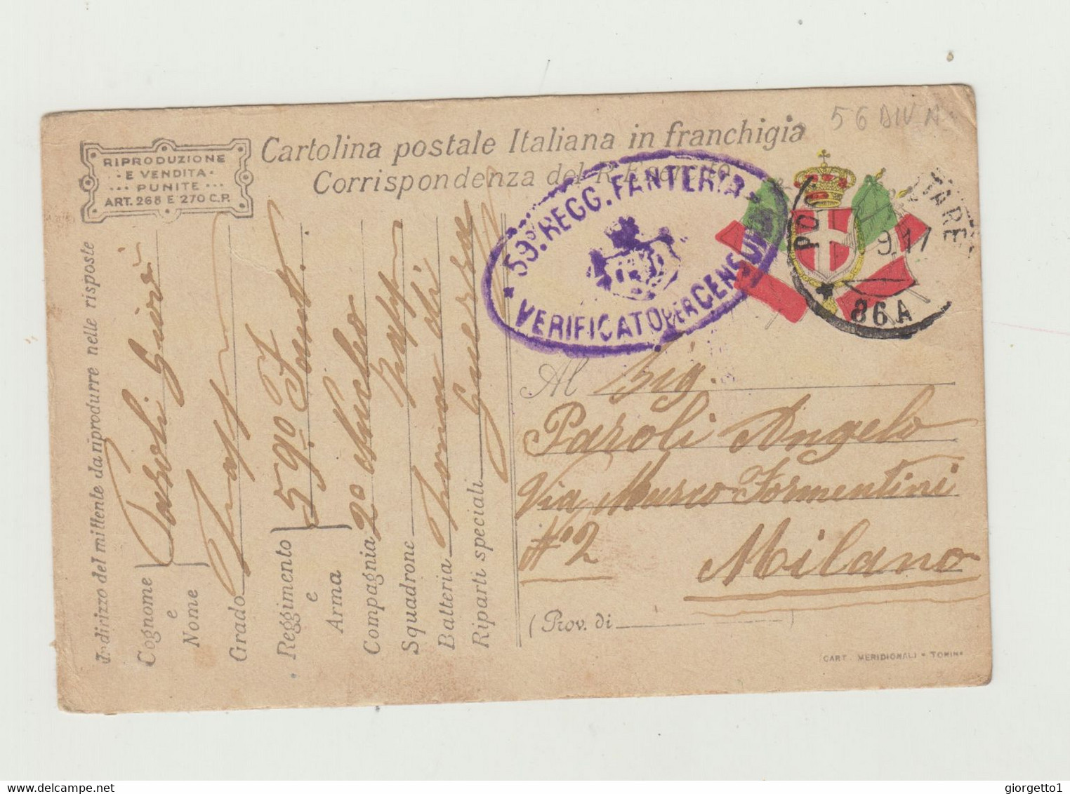 FRANCHIGIA POSTA MILITARE 86 A DEL 1917 ANNULLO 59 REGGIMENTO FANTERIA VERIFICATO PER CENSURA VIAGGIATA VERSO MILANO WW1 - Franchise