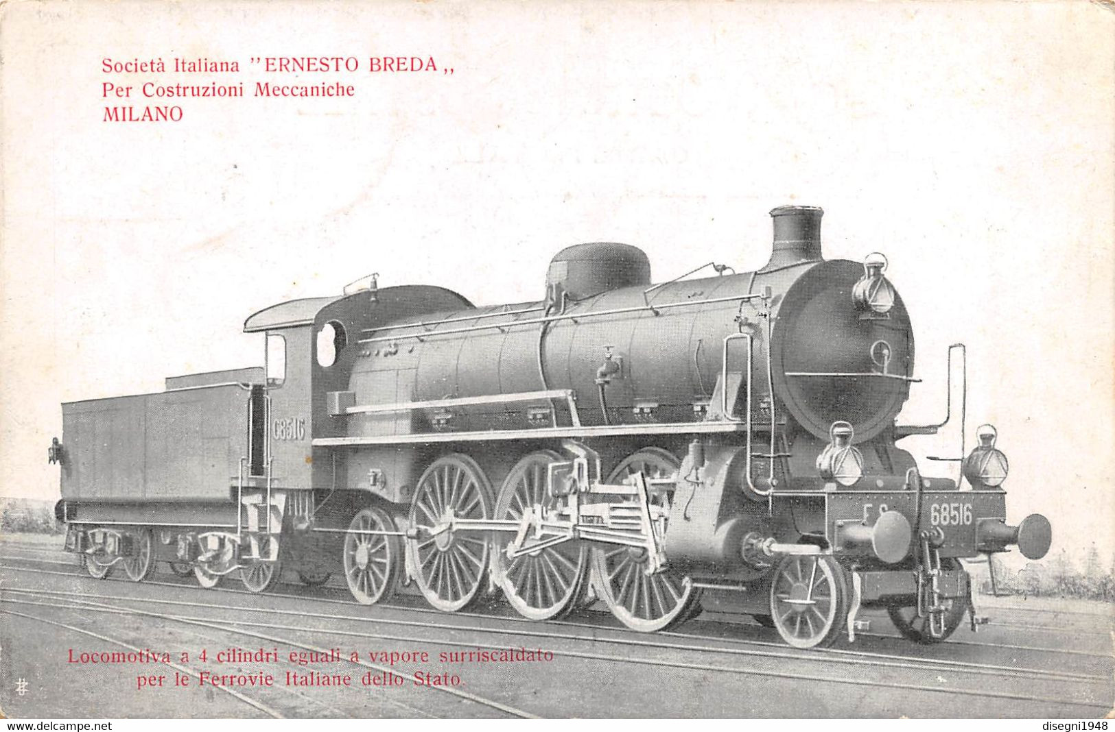 09876 "LOCOMOTIVA A 4 CILINDRI  (68516) - SOCIETA' ITALIANA ERNESTO BREDA - MILANO" CART. ORIG. NON SPED. - Trains