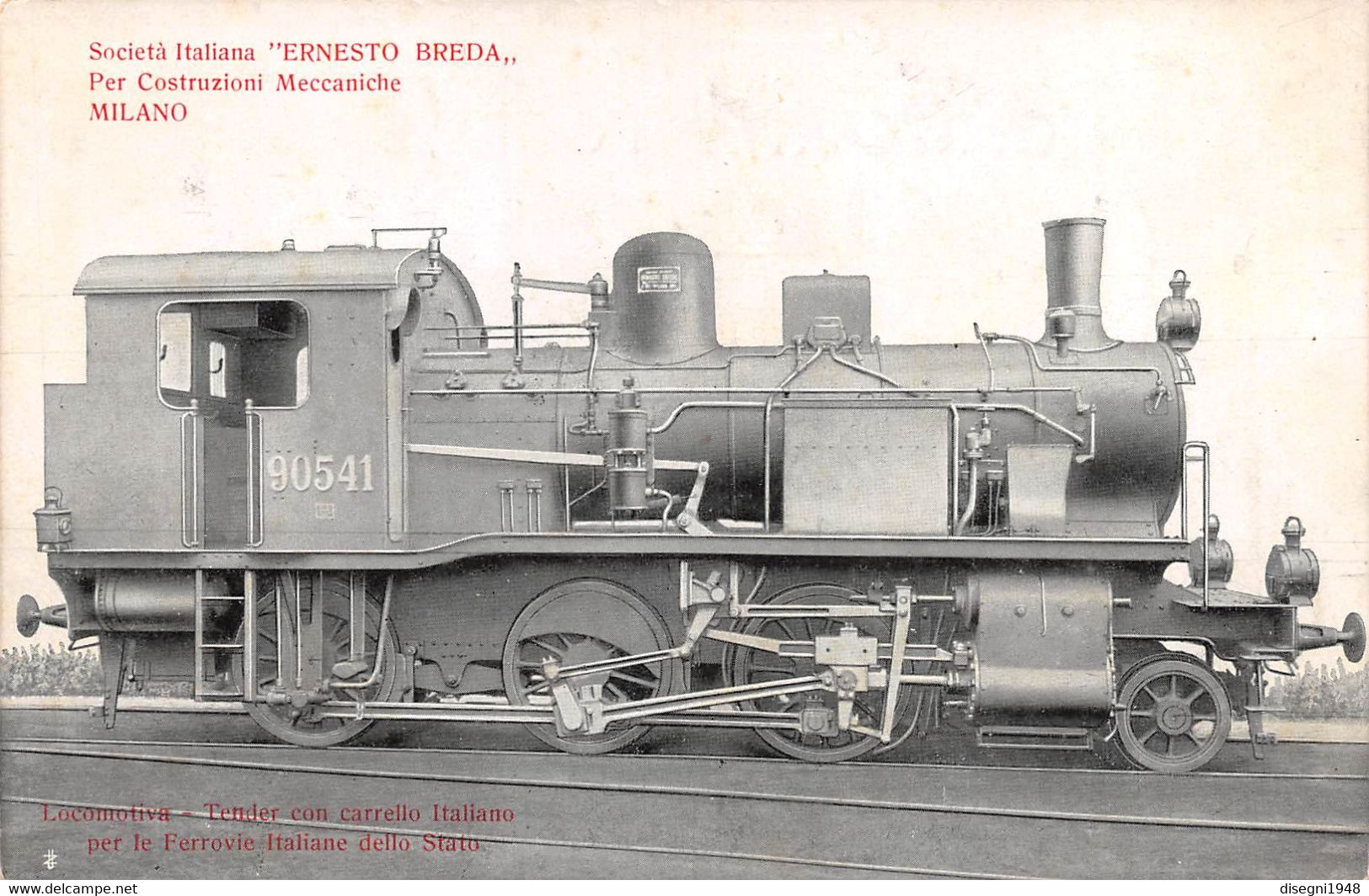 09878 "LOCOMOTIVA TENDER CON CARRELLO ITALIANO (90541) - SOCIETA' ITALIANA ERNESTO BREDA - MILANO" CART. ORIG. NON SPED. - Trains
