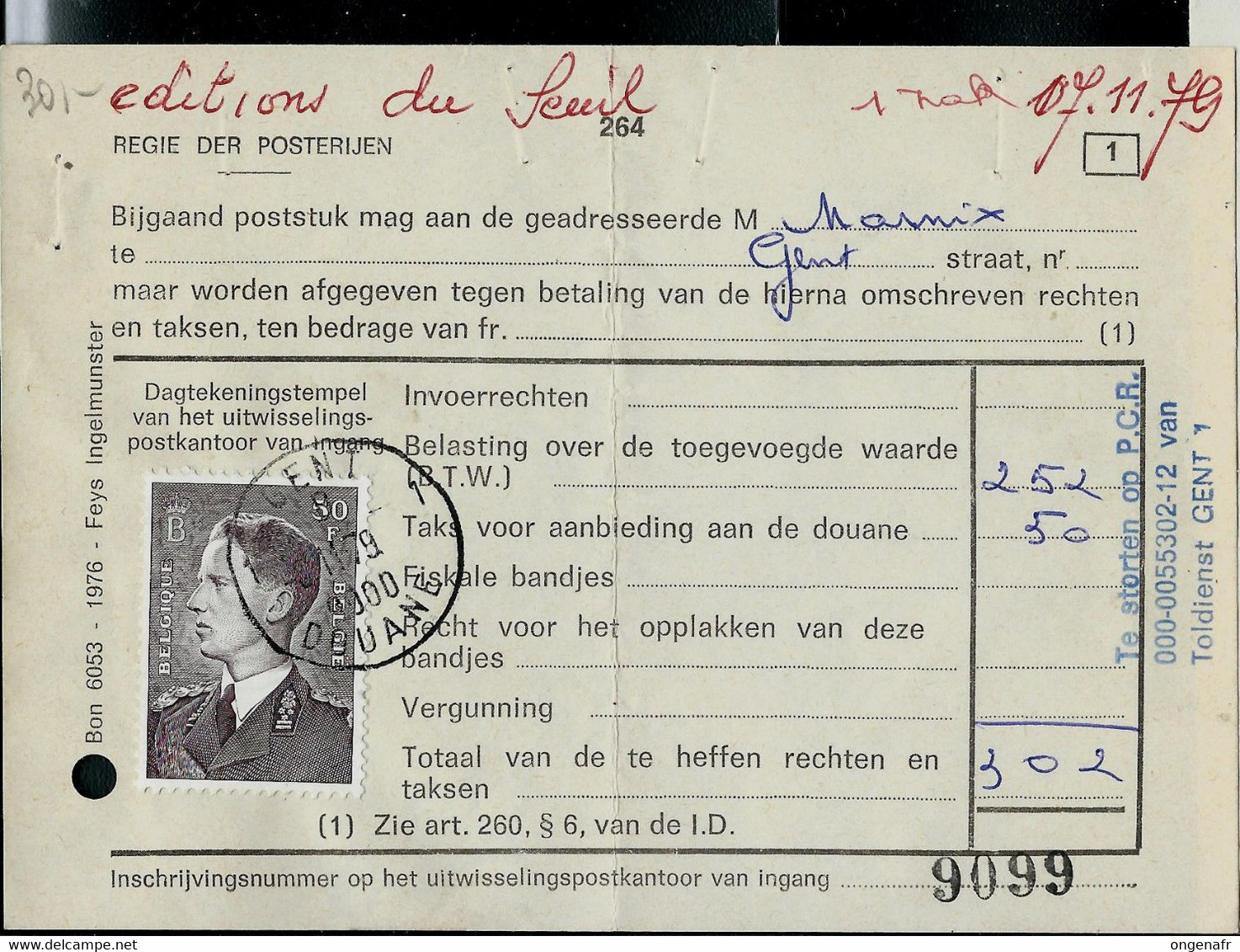 Doc De La Poste Avec Type De Bast (50 Frs) Obl. GENT - 1 B 1 - DOUANE  (9000) De 1979 - Landelijks Post