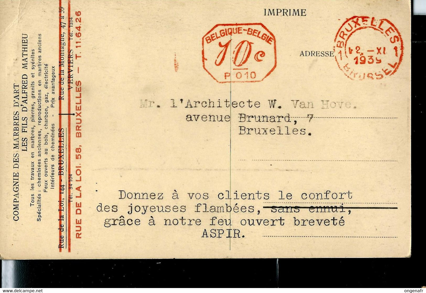 Carte  Obl. BRUXELLES - BRUSSEL 1 Du 02/11/1939 - ...-1959