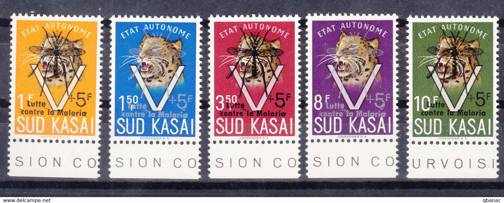 South Kasai COB#20-24 Leopard Mosquito Anti Malaria Ovpt, Mint Never Hinged - Zuid-Kasaï