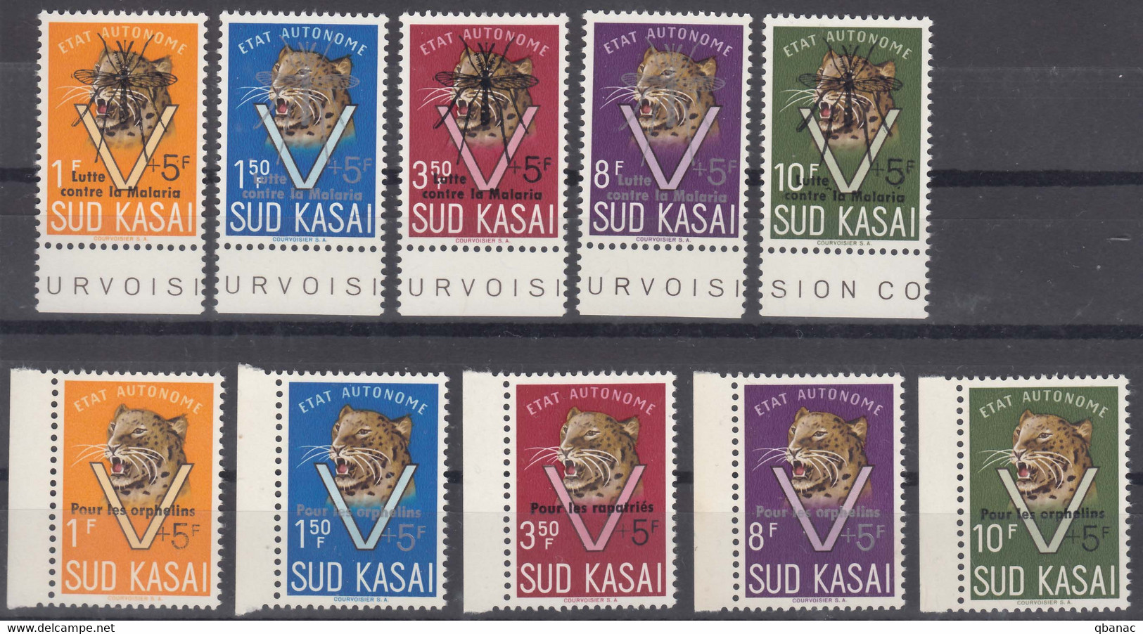 South Kasai COB#20-24 Leopard Mosquito Anti Malaria And Oprhelins/repatries Ovpt, Mint Never Hinged - Sur Kasai