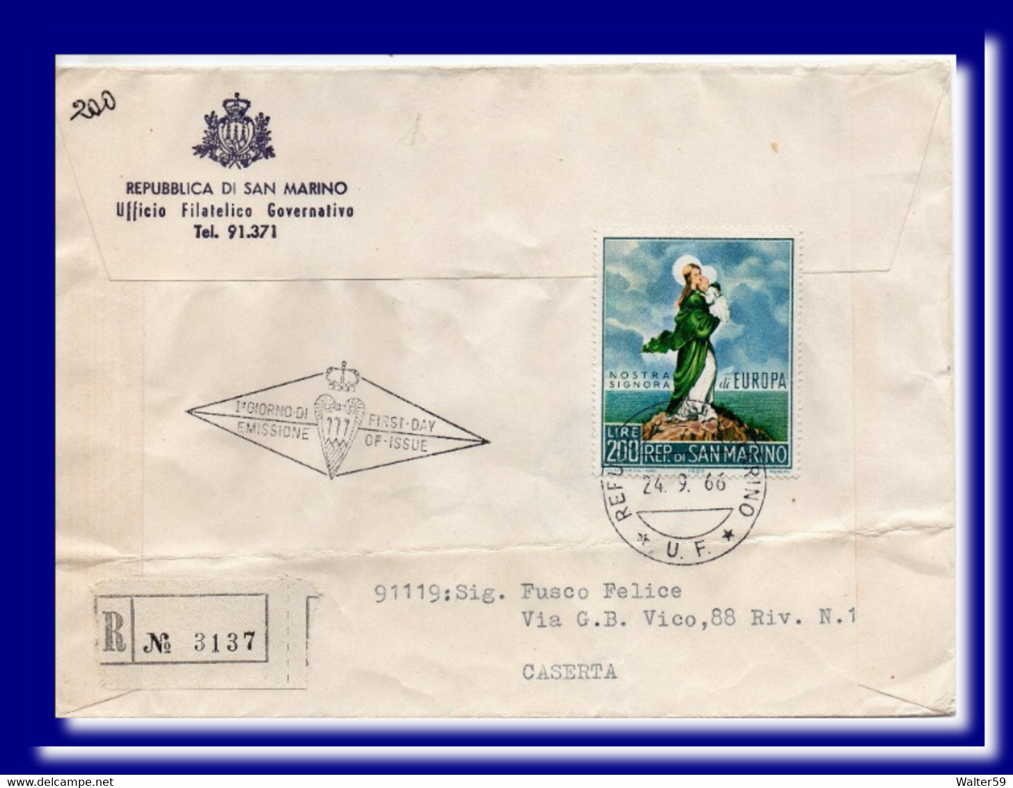 1966 San Marino Saint Marin Registered FDC 1er Jour Europe 66 To Italy Pmk Back Recommandee - FDC