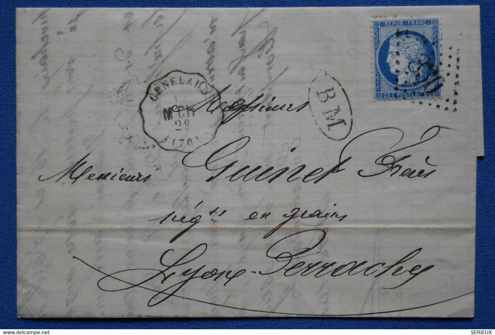 #6 FRANCE BELLE LETTRE 1874 GENELAIL POUR LYON    + N 60  + BOITE MOBILE    + AFFRANCHISSEMENT . INTERESSANT - 1871-1875 Ceres