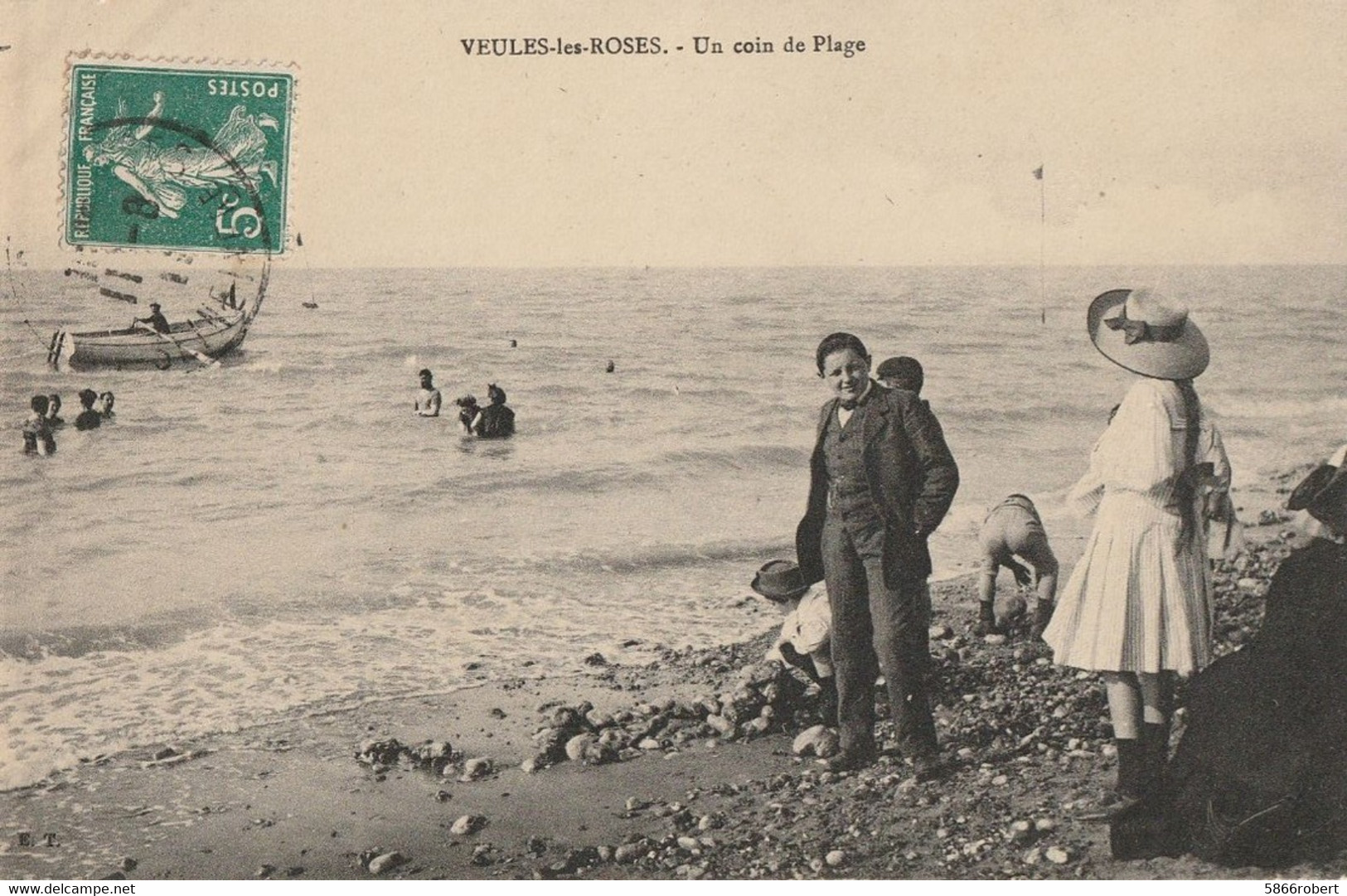 CARTE POSTALE ORIGINALE ANCIENNE : VEULES LES ROSES UN COIN DE PLAGE ANIMEE SEINE MARITIME (76) - Veules Les Roses