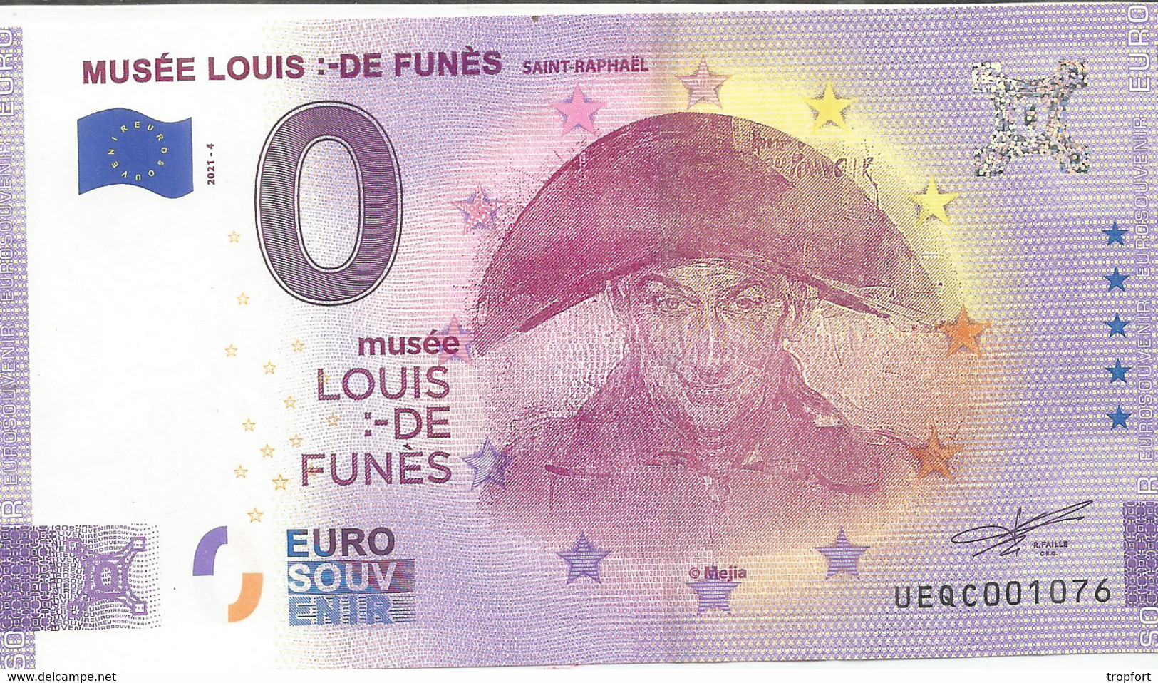 CG1 /  / RARE Billet 0 EURO  Euros  LOUIS DE FUNES Musée  SAINT-RAPHAEL  Billet Souvenir - Specimen