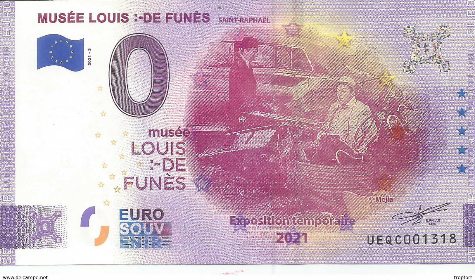 CG1 /  / RARE Billet 0 EURO  Euros  LOUIS DE FUNES Bourvil  Musée  SAINT-RAPHAEL  Billet Souvenir - Specimen