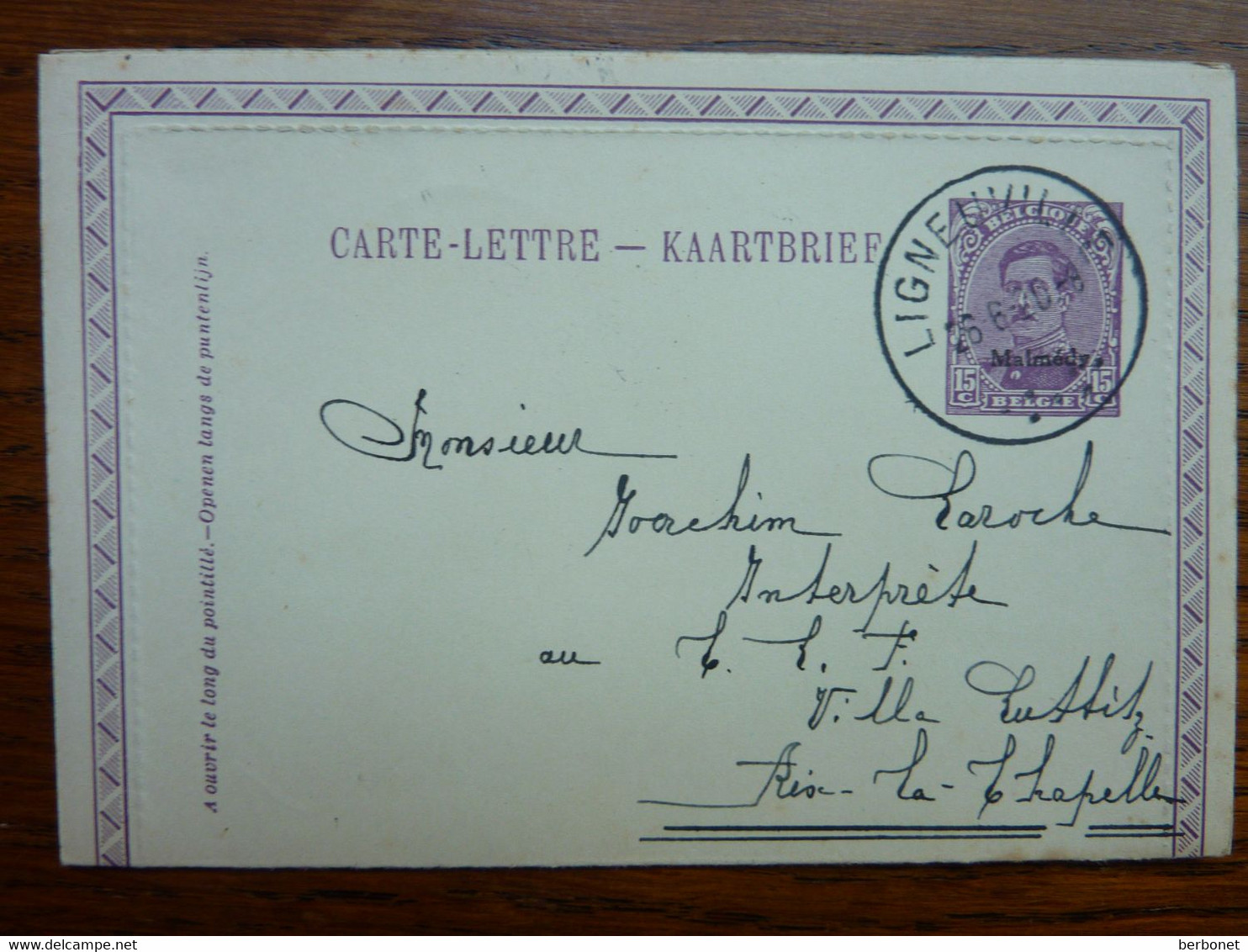 1920 Carte-lettre  Entier Postal 25c  MALMEDY  Cachet  LIGNEUVILLE    PERFECT - Carte-Lettere