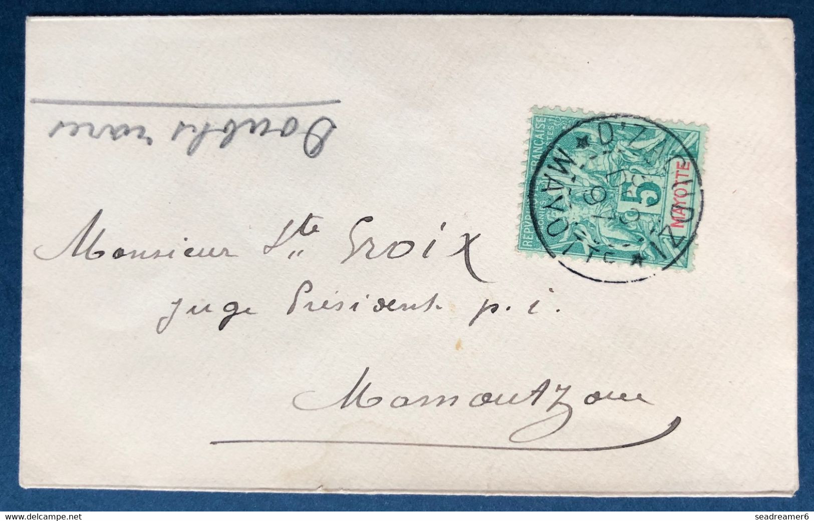 France Colonies Françaises Petite Lettre Locale 1897 De Mayotte Pour Mamoutzou Groupe N°4 5c Vert Obl Dzaoudzi RR & SUP - Lettres & Documents