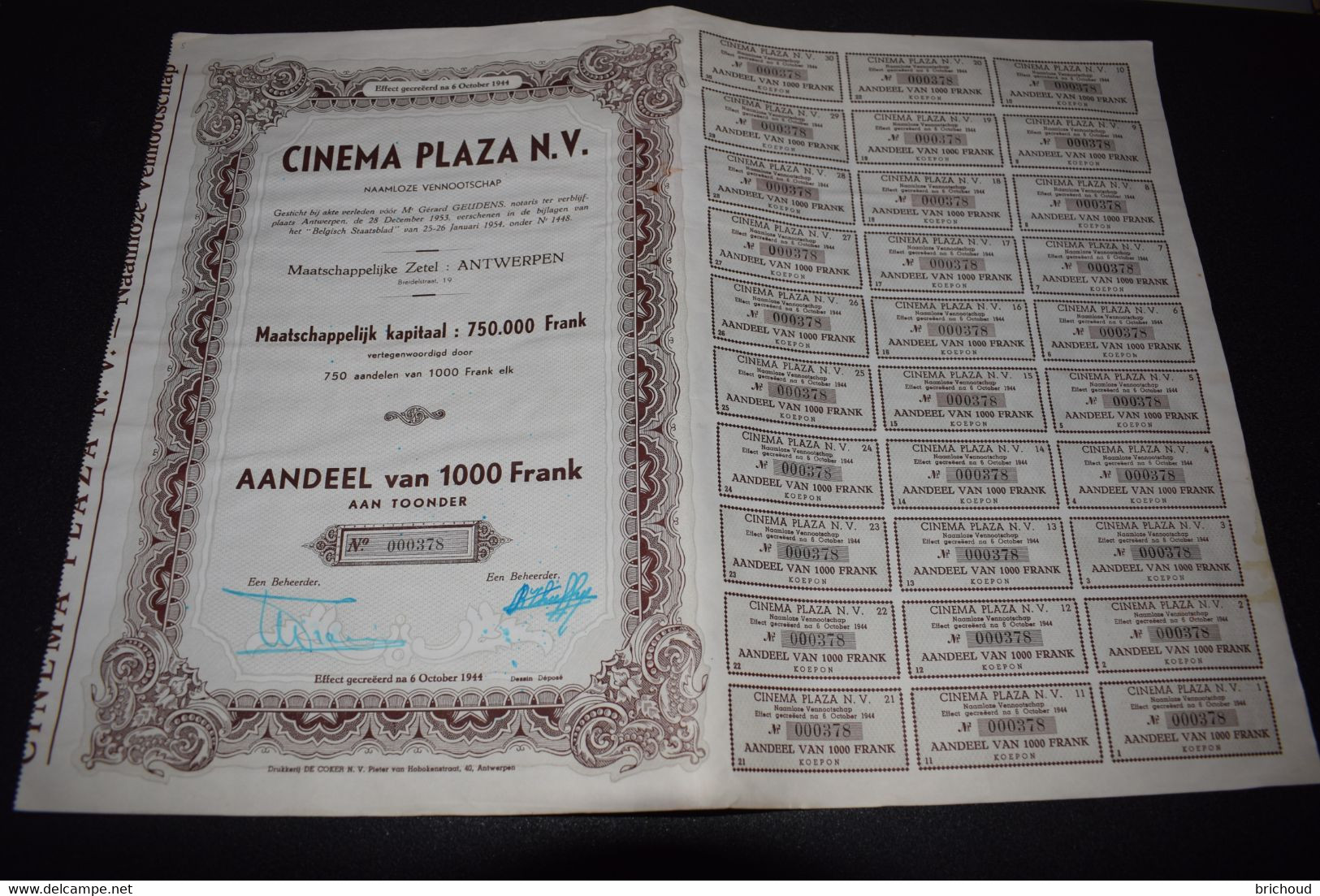 RARE Cinéma Plaza Aandeel Van 1000 Frs Action Antwerpen Anvers Limité 750 Exemplaires - Film En Theater