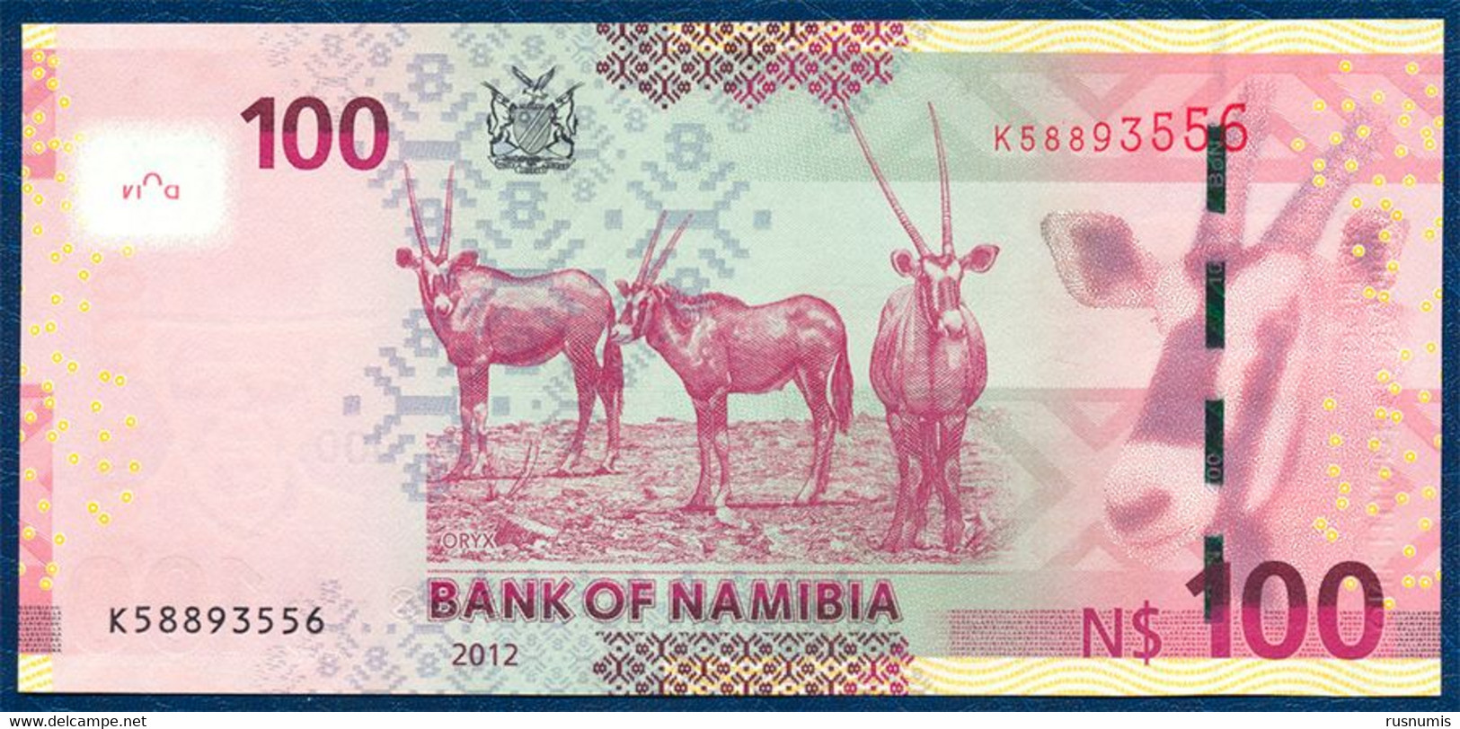 NAMIBIA 100 DOLLARS P-14a  FAUNA ANIMALS WILDLIFE ORYX ANTELOPE 2012 UNC - Namibia