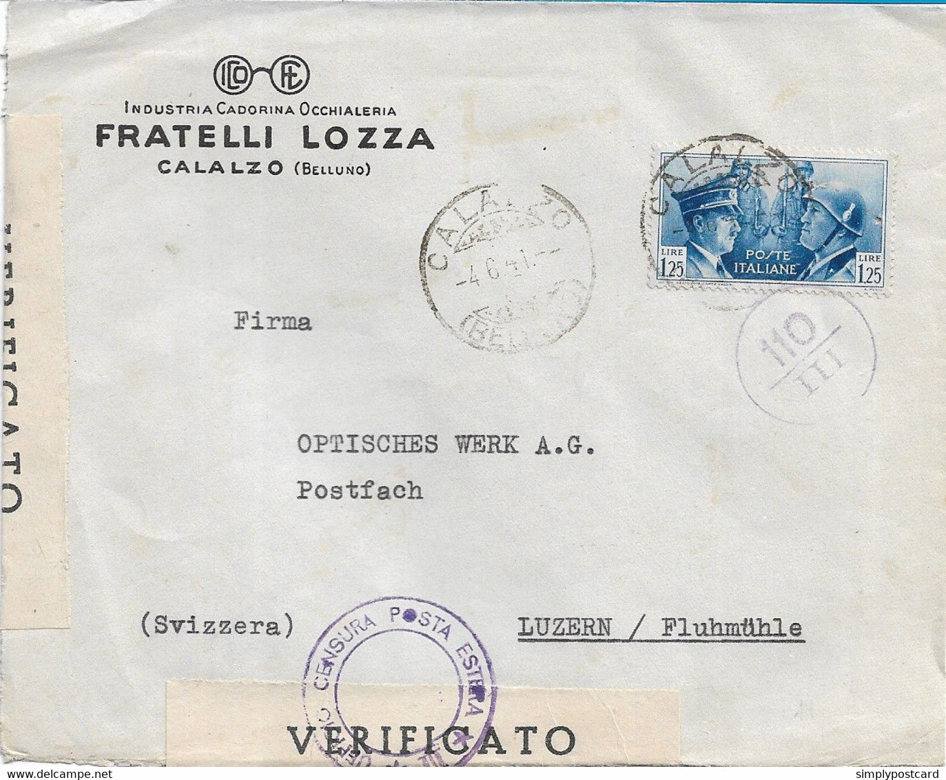 BUSTA  PUBBLICITARIA F.LLI LOZZA CALALZO DI CADORE PER LA SVIZZERA CON L.1,25 FRATELLANZA D'ARMI ITALO TEDESCA 1941 - Storia Postale