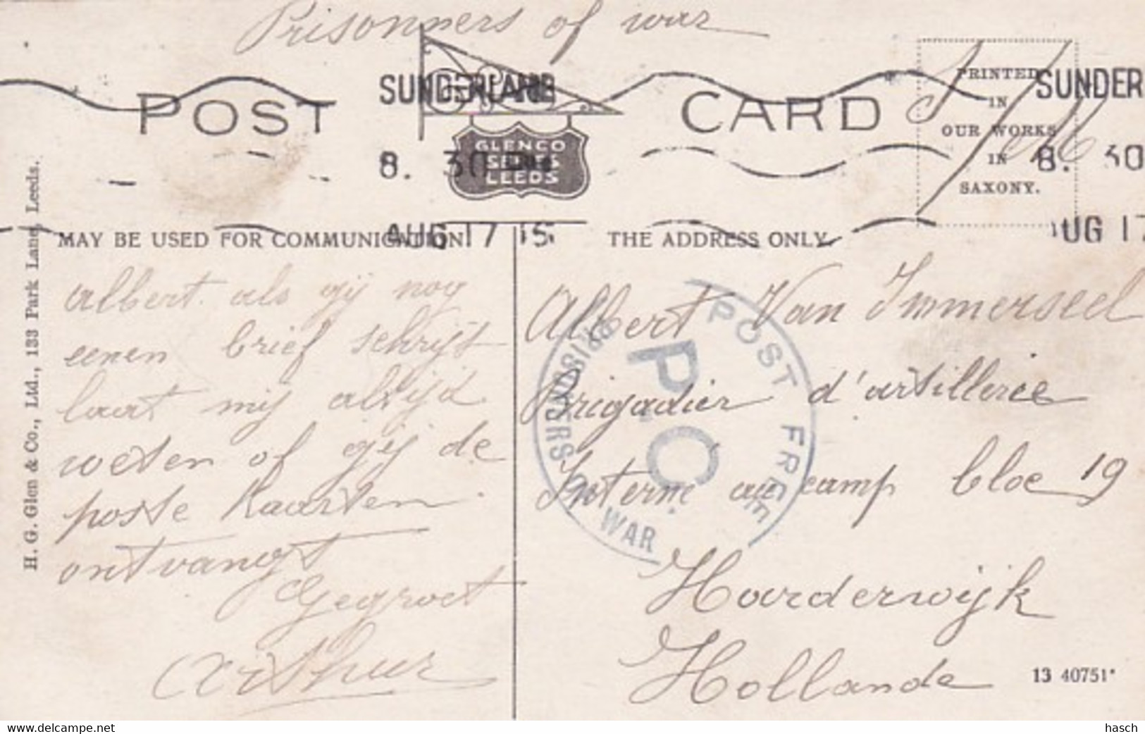 2402      85 Engeland, Roker / Sunderland, Card To Prisonner Of War To Holland With ‘’Post Free P.D. Prisoner - Andere & Zonder Classificatie