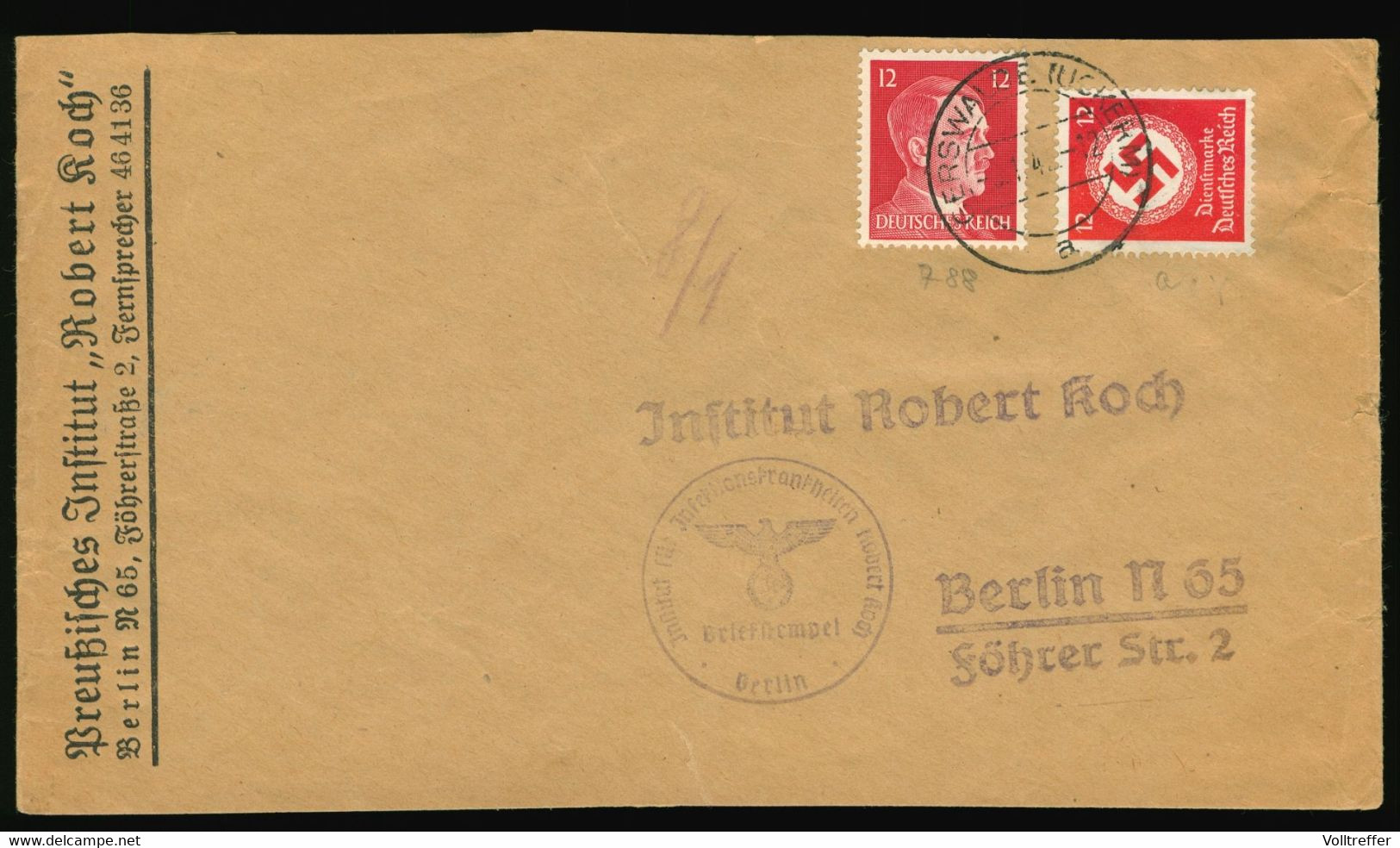 Beleg 1944 Umschlag An Das Robert Koch Institut RKI Berlin Föhrer Str. Abs. Schultzsche Apotheke Gerswalde Uckermark - Covers & Documents