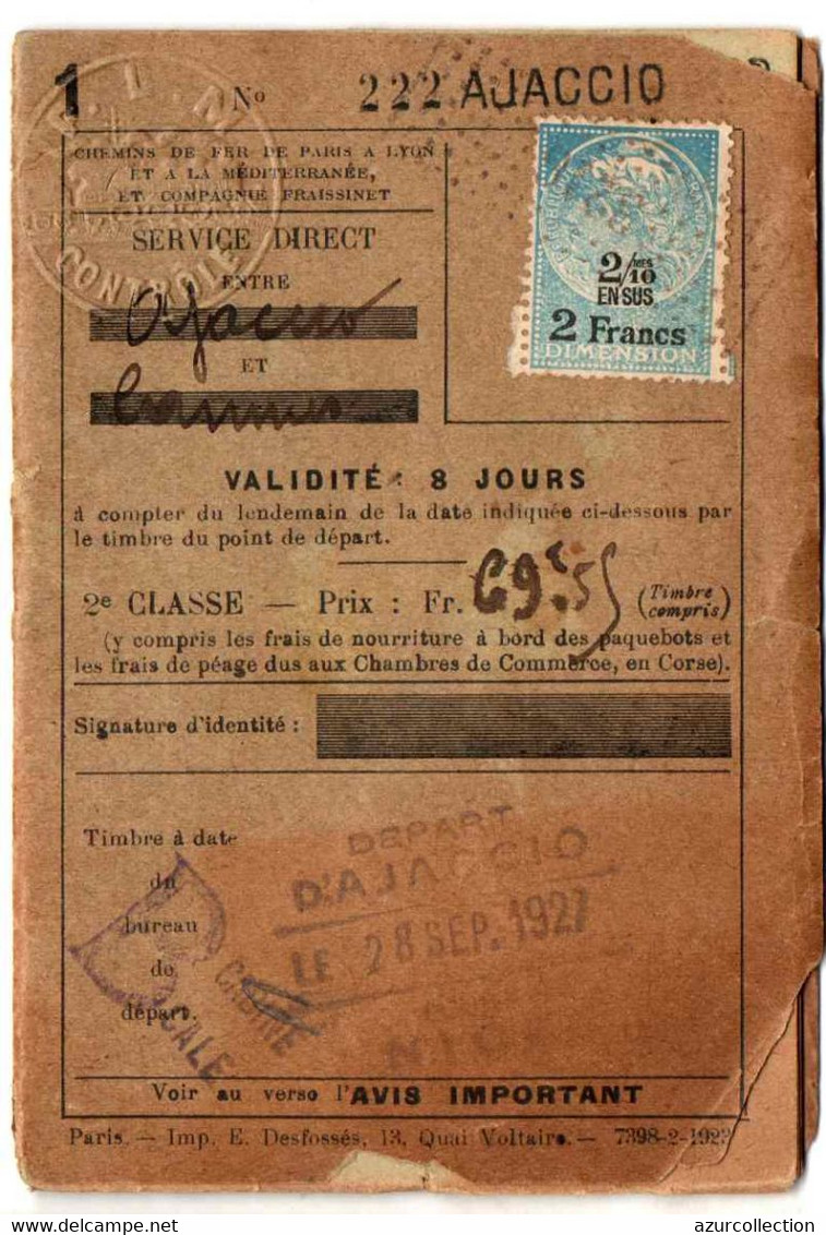 SERVICE DIRECT AJACCIO-CANNES . 1927 - Europa