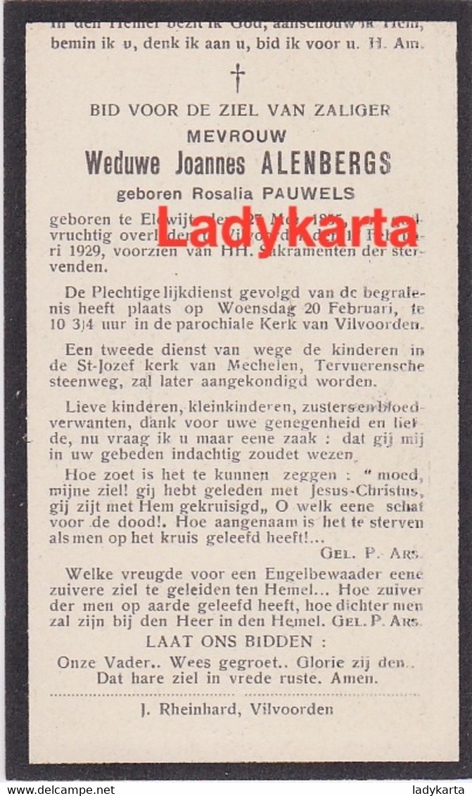 ELEWIJT VILVOORDE - RASALIA PAUWELS - WED JOANNES ALENBERGS 1855/1929 - Andachtsbilder