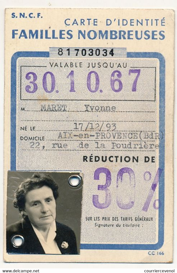 FRANCE - SNCF - Carte D'identité Familles Nombreuses, Réduction De 30% - => 30.10.1967 - Andere & Zonder Classificatie