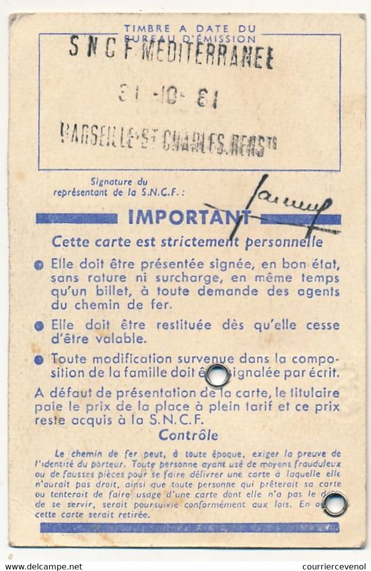 FRANCE - SNCF - Carte D'identité Familles Nombreuses, Réduction De 30% - => 30.10.1967 - Altri & Non Classificati