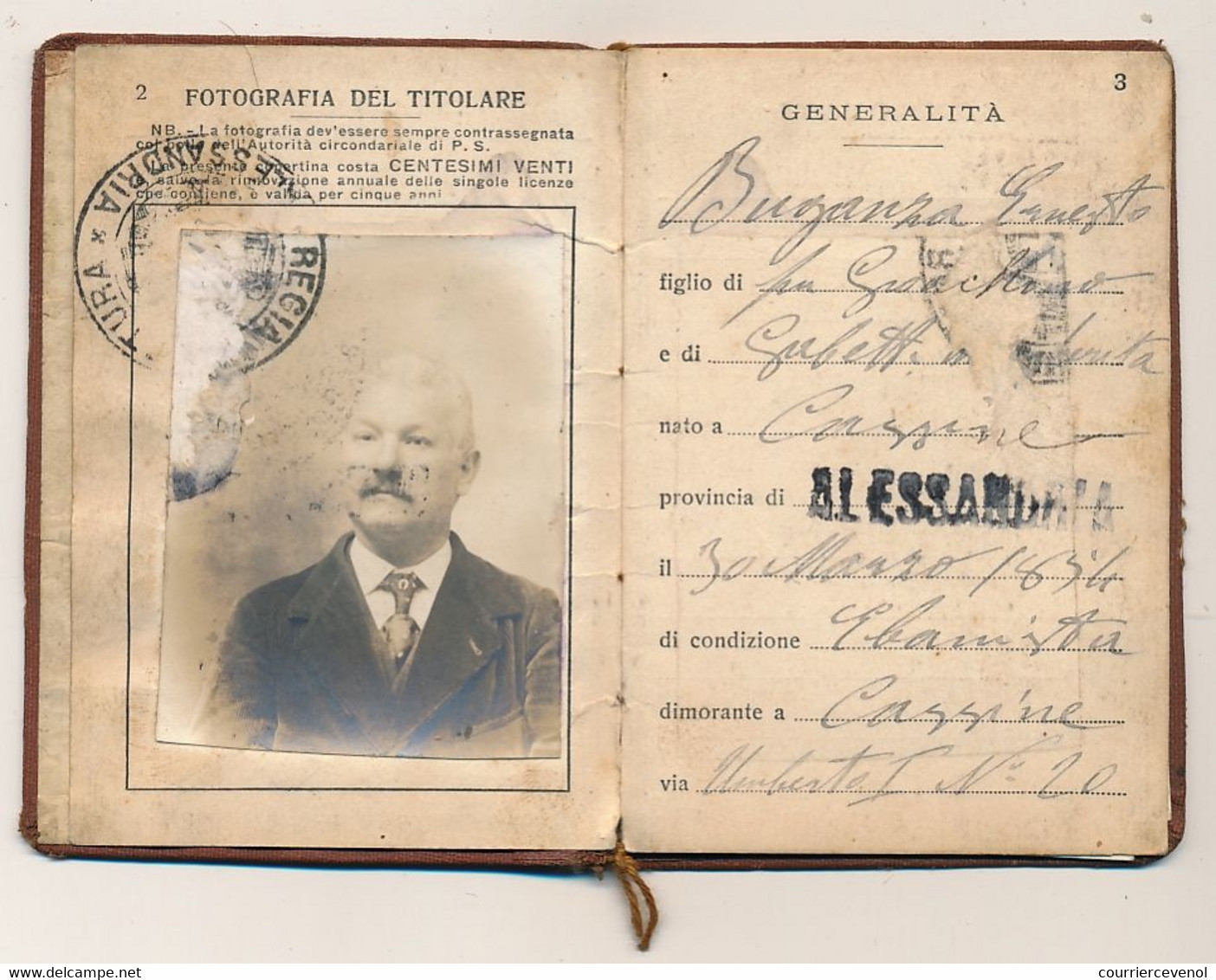 ITALIE - Libretto Personale Per Llcenze Di Porto D'Armi (Port D'Armes) - ALESSANDRIA 1918 / 1922 - Documents Historiques