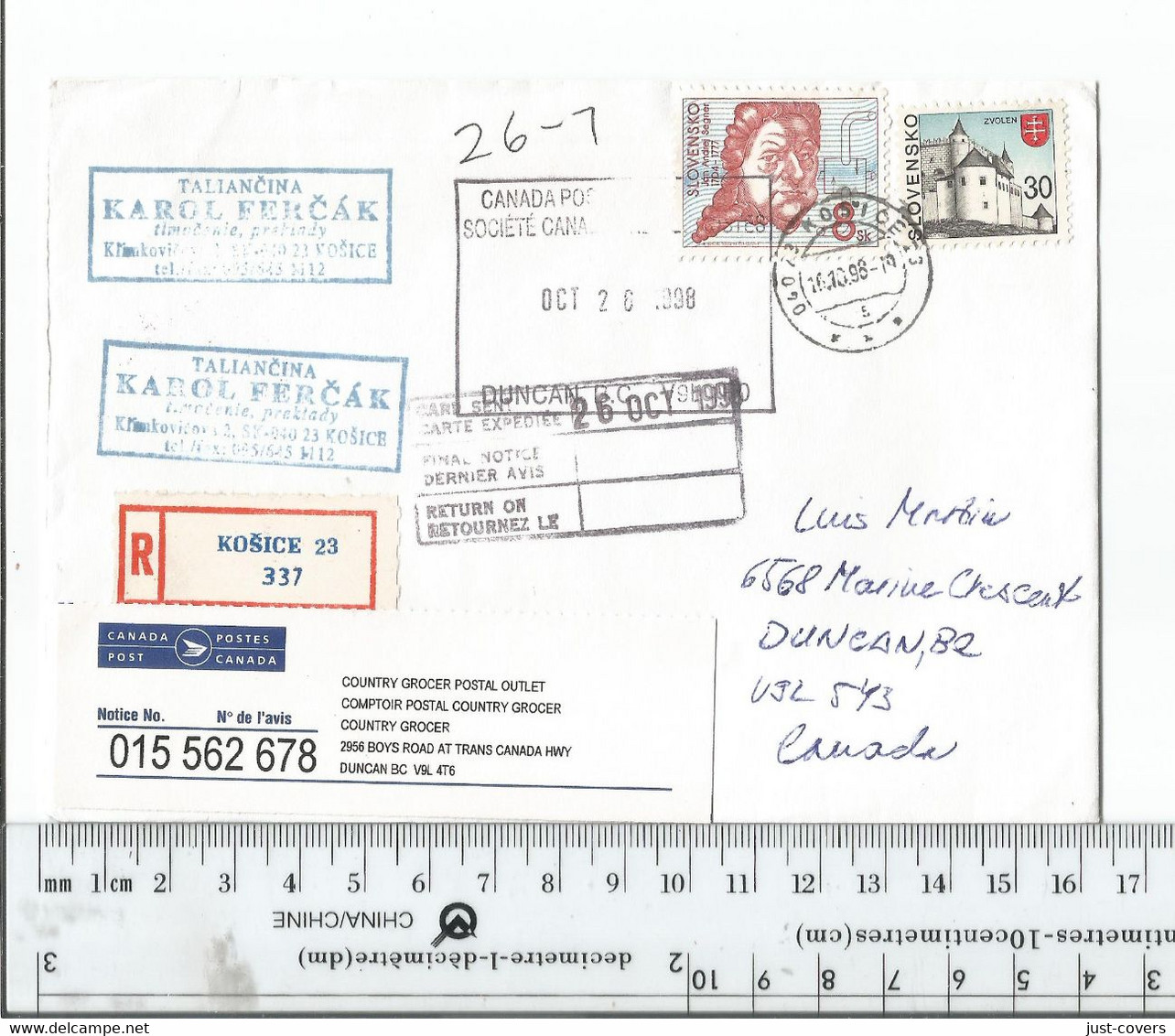 Slovakia Kosice Registered To Duncan BC Canada Oct 16 1989........................(Box 8) - Lettres & Documents