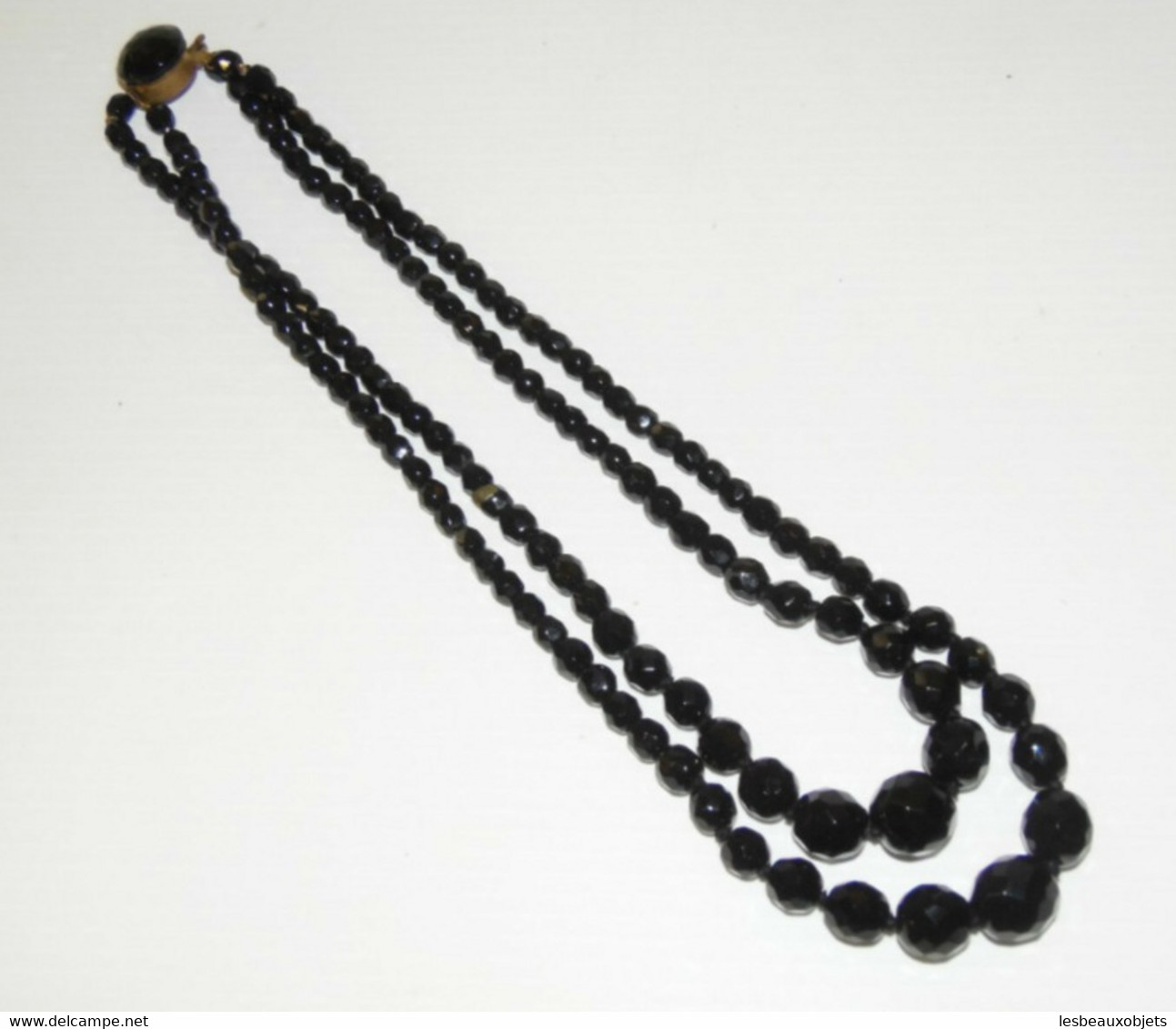 COLLIER FANTAISIE DOUBLE PERLES de Verre Noires taillées facettes fin XIXe NIII bijou ancien