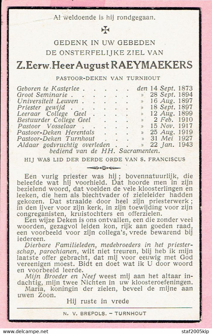 Bidprentje-Z.E.Heer August RAEYMAEKERS Pastoor-deken Turnhout- Kasterlee 1873 - Turnhout 1943 - College Geel - Vosselaar - Imágenes Religiosas