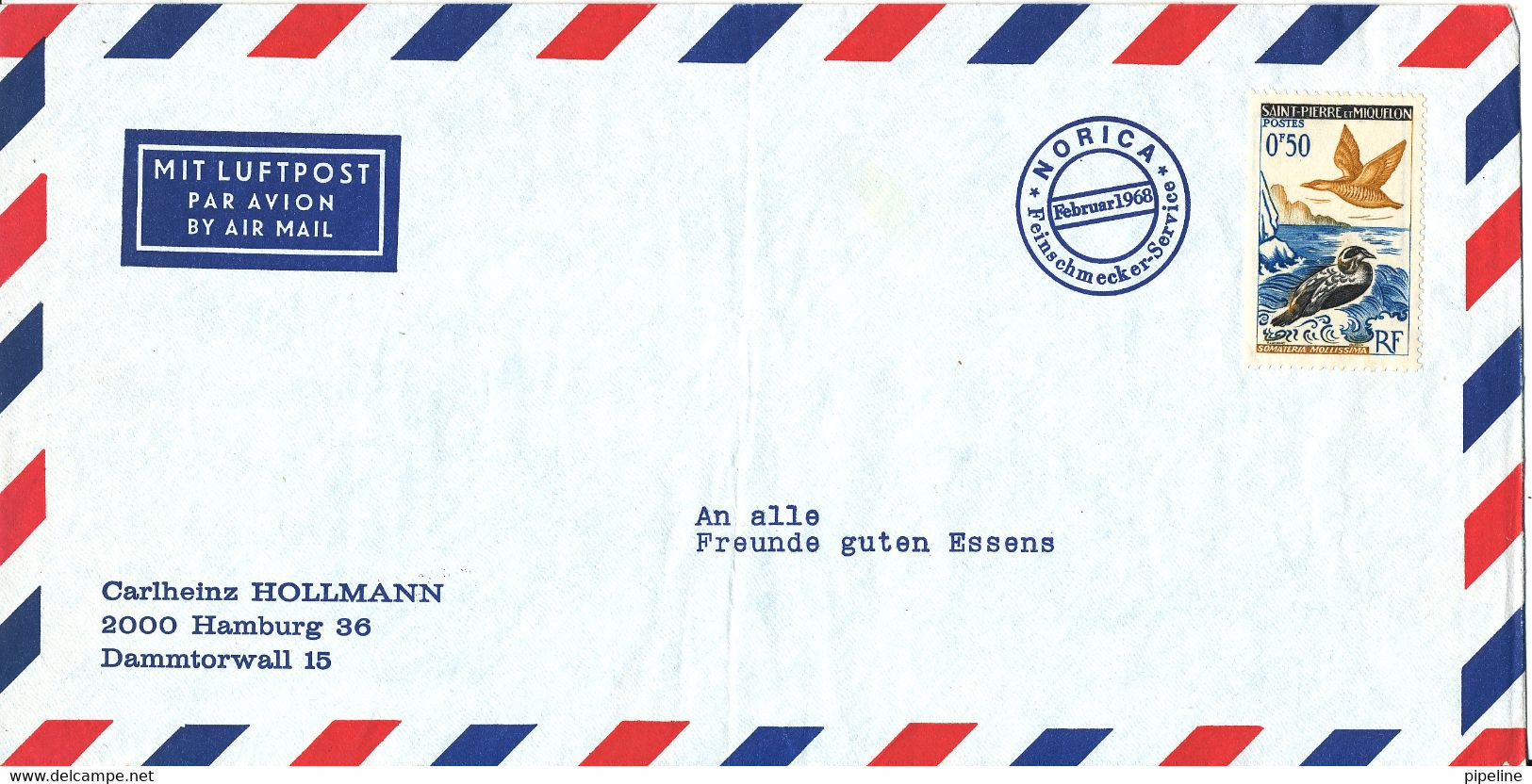 Saint Pierre & Miquelon Air Mail Cover Norica Februar 1968 - Lettres & Documents