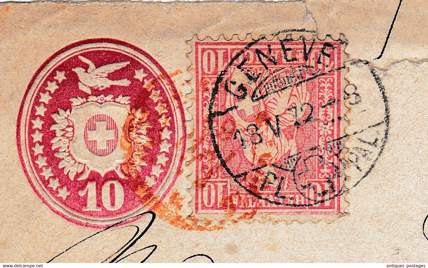 Lettre Genève 1872 Suisse Entier Postal + Helvetia Assise Damond & Coulin Maison De Commission Collonges Ain - Cartas & Documentos