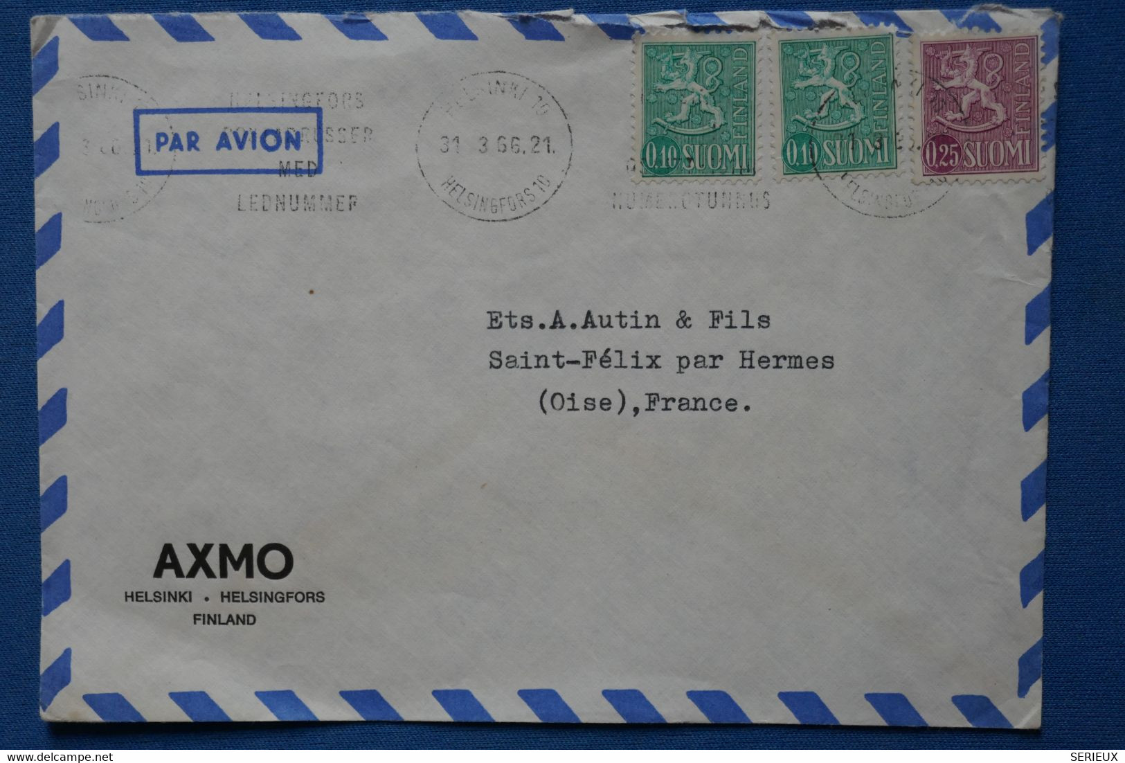 #7 FINLANDE  BELLE LETTRE   1966 PAR AVION HELSINSKI   POUR ST FELIX FRANCE + AFFRANCH. INTERESSANT - Lettres & Documents