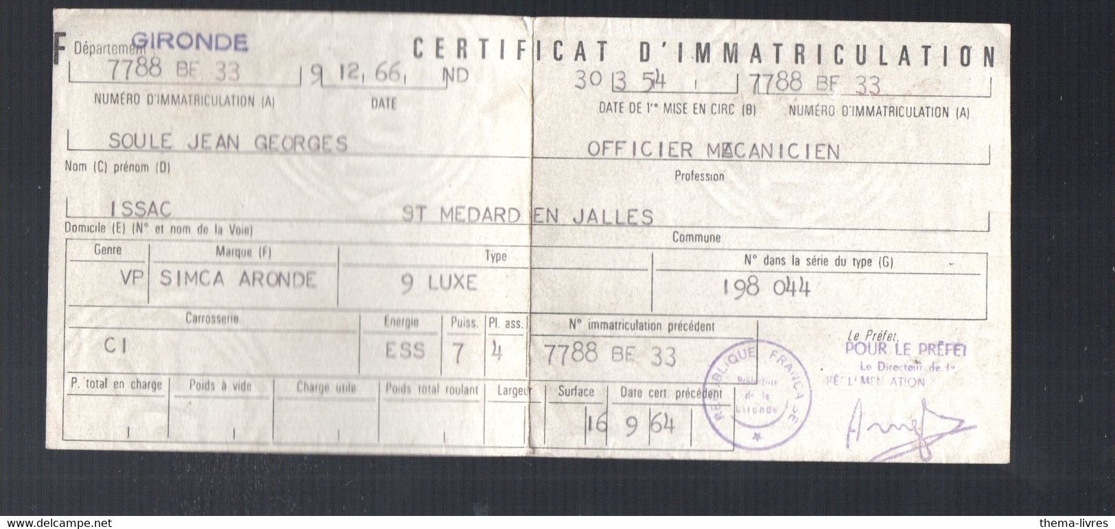 (automobile) Carte Grise 1964 SIMCA ARONDE Avec 2 Timbres Fiscaux 11f55 Au Verso (PPP31061) - Autres & Non Classés