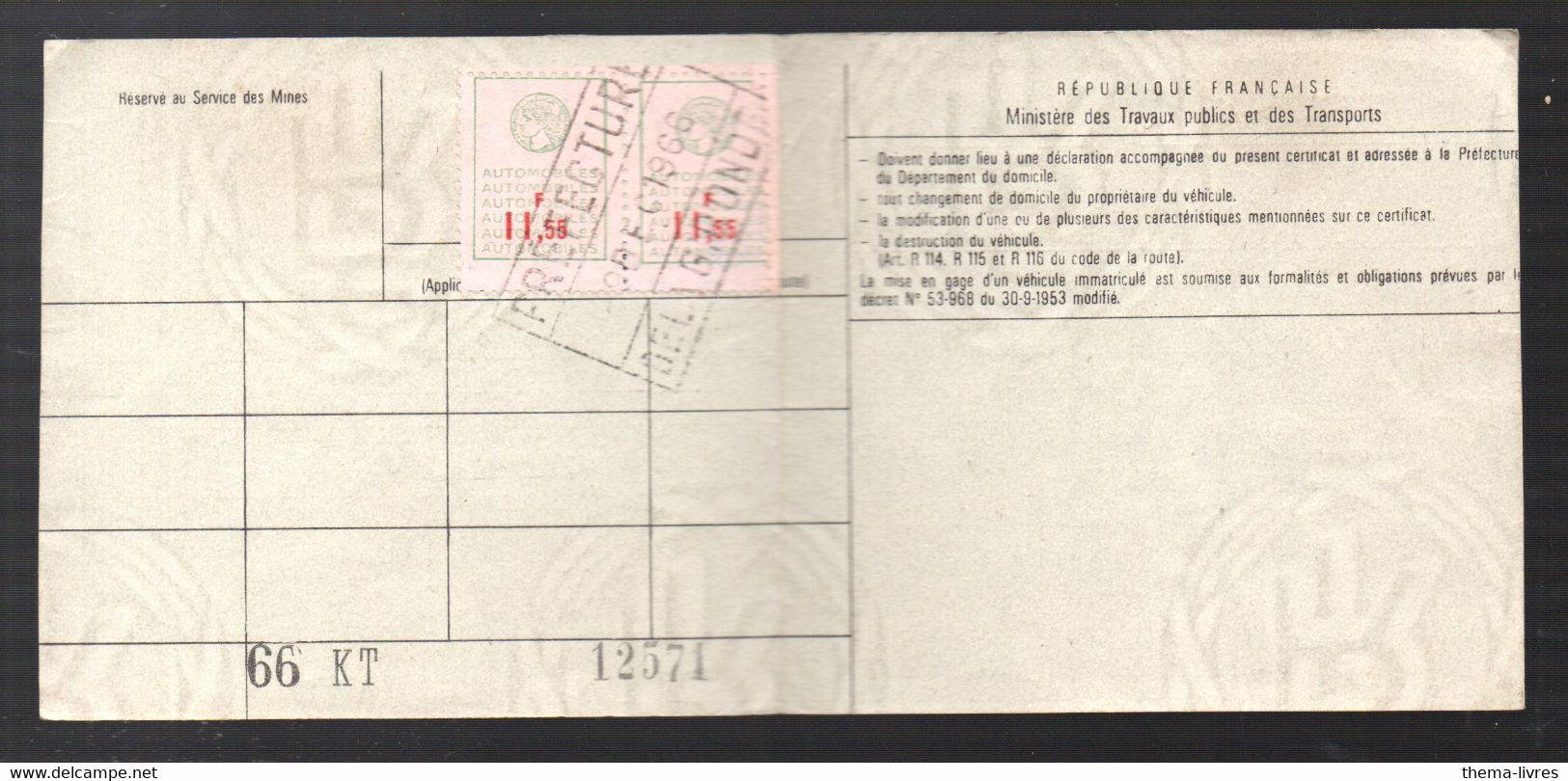 (automobile) Carte Grise 1964 SIMCA ARONDE Avec 2 Timbres Fiscaux 11f55 Au Verso (PPP31061) - Autres & Non Classés